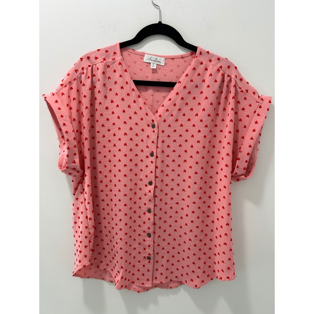 Anneliese Pink Red Heart Clip Dot Button Front Blouse XL Womens Short Sleeve Top